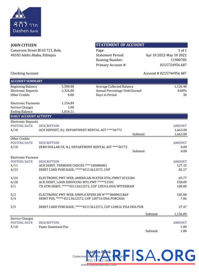Printable Ethiopia Dashen bank statement excel real example